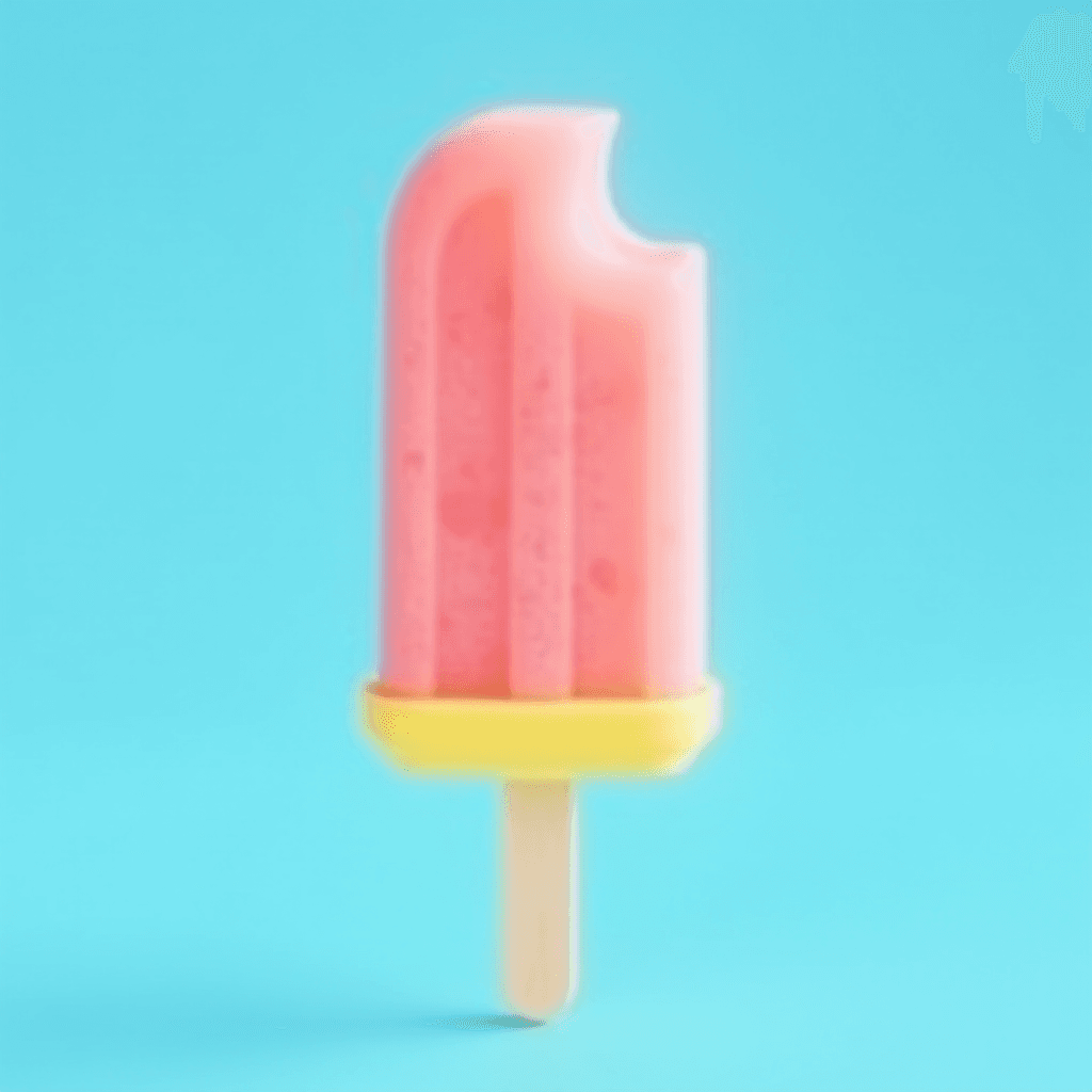 A pink popsicle with a bite taken out sits against a bright blue background, featuring a yellow handle.