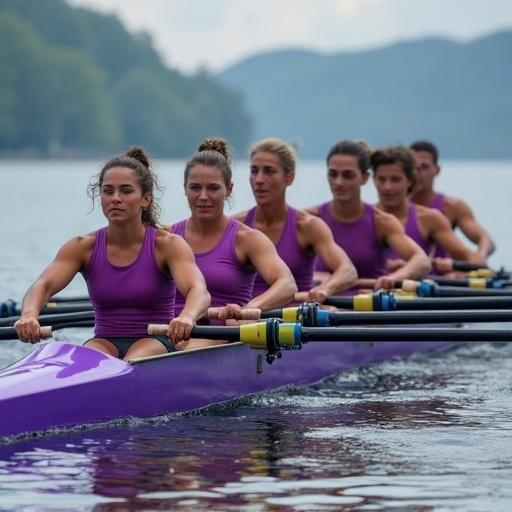 Diverse team of men and women in a purple racing boat rowing together in a lake. The atmosphere is focused and collaborative. Professional sports imagery showcasing teamwork.