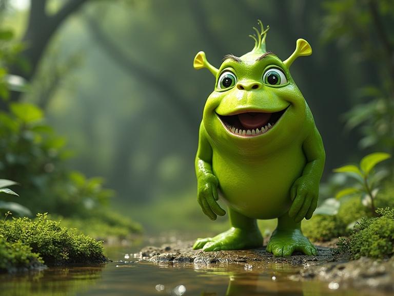 3D animated character in a vibrant forest setting. Character is round and green with a big smile. Surrounded by lush foliage and a small stream. Natural light creates a magical ambiance.
