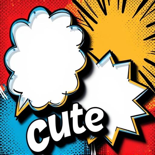 Pet-themed photo collage in bold pop-art style. Two blank photo cutouts are included. One is a comic speech bubble-shaped frame on the left side. The other is a starburst explosion-style frame in the top-right corner. The background is filled with vibrant primary colors in halftone patterns and comic-style lines. Thick black outlines surround all elements. The photo frames are decorative and stylized. The word 'cute' is in hand-drawn pop-art font with white outline and drop shadow. It is positioned prominently in the center or lower right. No placeholder photos inside.