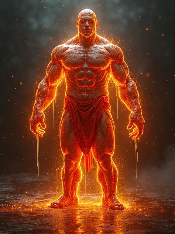 3D glowing muscular man with a large body in a luxurious setting. Textures include thick impasto and fine detail.