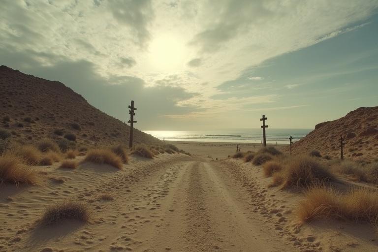 Round-shaped bay filled with sand, sea in the background, arid and dusty landscape inspired by Sad Hill cemetery in 'The Good, the Bad and the Ugly'. Scene has rustic wooden crosses, some tilted, embedded in sand extending to the horizon. Twilight sky with scattered clouds and soft light casting long shadows. Melancholic and silent atmosphere, light wind moving sand and small dry shrubs. Cinematic western style with earthy colors and evocative aesthetic.
