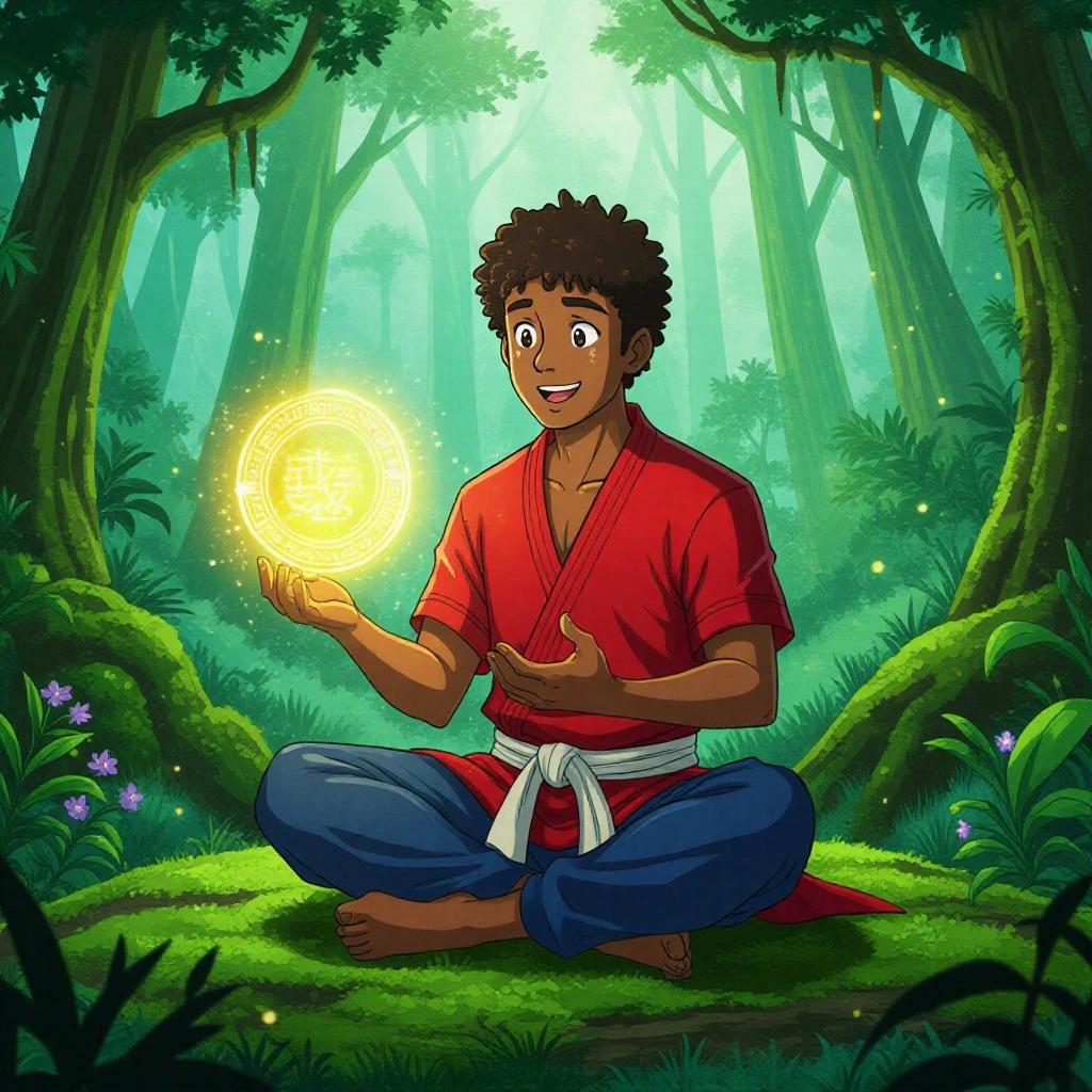A young Dominican man with medium brown skin and short curly black hair sits barefoot on moss in a mystical forest. He wears a red martial arts shirt with blue pants and a white sash around his waist. A glowing golden ring floats before him, emitting magical light and symbols. The forest is filled with glowing mist, floating pollen, exotic plants, and light filtering through trees. The atmosphere is magical.