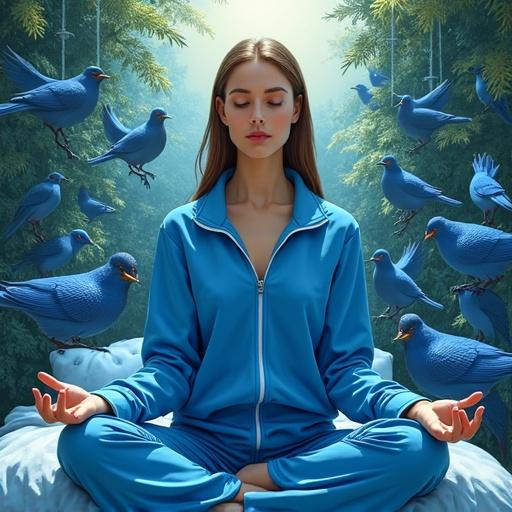 A surreal stylized image of a woman in a blue tracksuit meditating surrounded by blue birds. The background features green foliage enhancing tranquility. Soft lighting emphasizes the calming atmosphere.