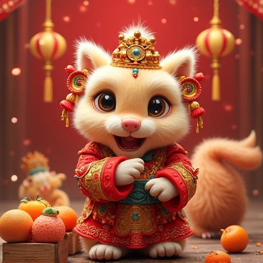 An adorable cat in traditional clothing sits in a festive environment. Background features decorative lanterns and oranges. Cat wears a crown and has a cheerful expression. The setting is colorful and vibrant, evoking a sense of celebration.