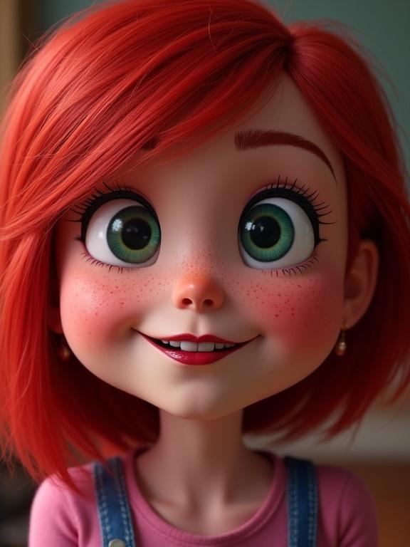 Character inspired by Disney's Riley from 'Inside Out'. Vibrant red hair styled beautifully. Rich dark red glossy lipstick. Dressed in colorful clothing with details often seen in animated characters. The focus on beauty and character design stands out.