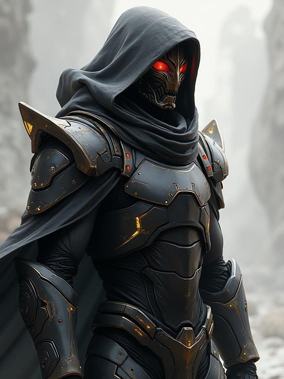 A futuristic armored figure in a hooded cloak stands in a misty, rocky terrain. The armor is intricate with gold accents and glowing red eyes. The figure emanates a sense of mystery and power.