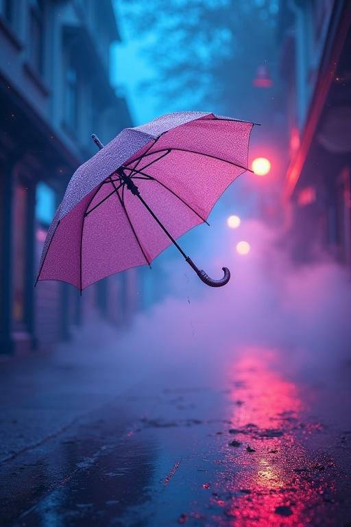 An abandoned umbrella floats gently in an urban street. Ethereal glowing swirls and mystical light particles surround it. Dreamy atmosphere with vibrant neon mist. The twilight city is softly illuminated by fog. The fabric texture of the umbrella is hyper-detailed. Blue and magenta hues create a fantasy realism in an enchanted night setting.