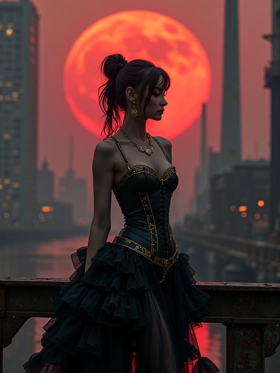 A steampunk woman in a black corset dress with gold accents. Standing on a rusty bridge under a crimson moon. Industrial cityscape with smokestacks and glowing windows in the background. Dramatic lighting with chiaroscuro shadows. Gothic elegance meets cyberpunk atmosphere. 8K resolution.
