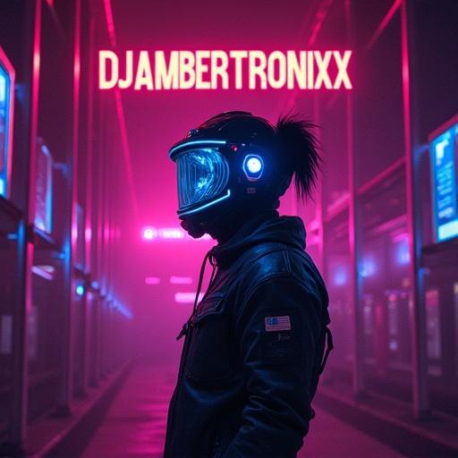 Neon futuristic album cover design featuring a figure with a futuristic helmet in a colorful neon-lit environment