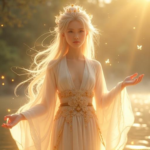 A full-body portrait of Shion, a delicate young woman embodying divine light and ancient Japanese grace. She stands with arms wide open, smiling warmly. Her flowing pale golden hair glows like dawn. She wears elegant ceremonial robes in white, gold, and faint crimson. The robes are made from translucent fibers with glowing sakura embroidery. Ethereal light particles float around her in a tranquil setting by a lake or shrine. A golden halo blends with morning mist.