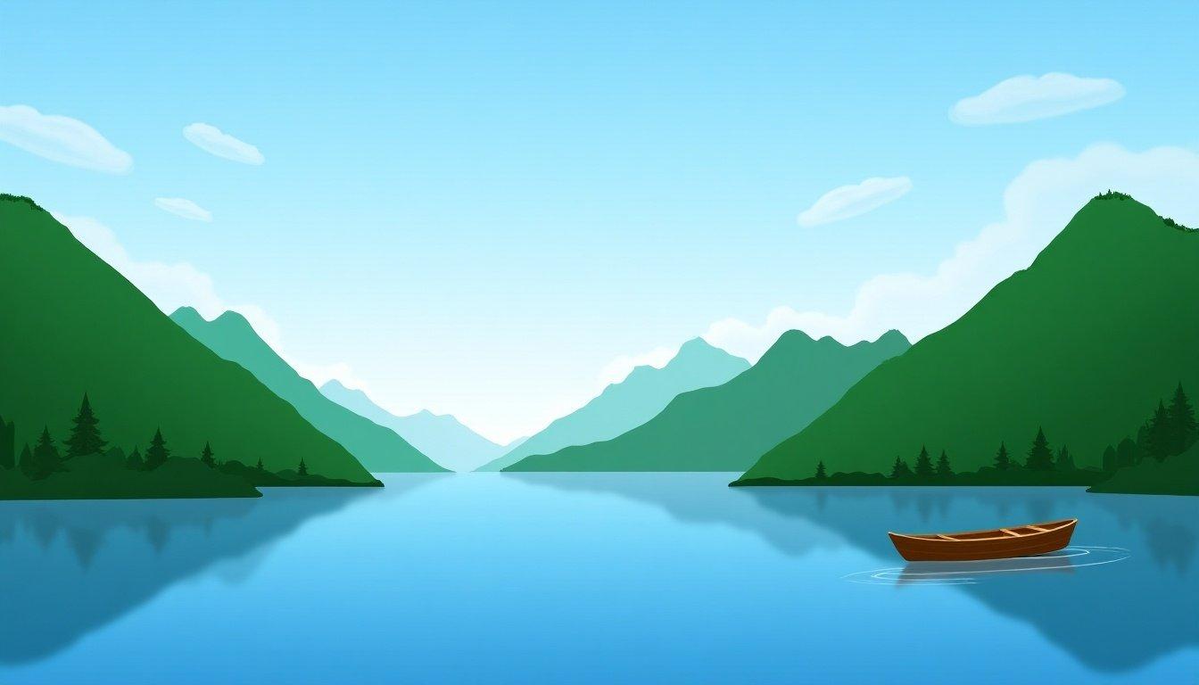 A serene landscape shows a calm lake surrounded by green mountains. A small brown boat floats on the water under a clear blue sky. Soft clouds drift in the background.