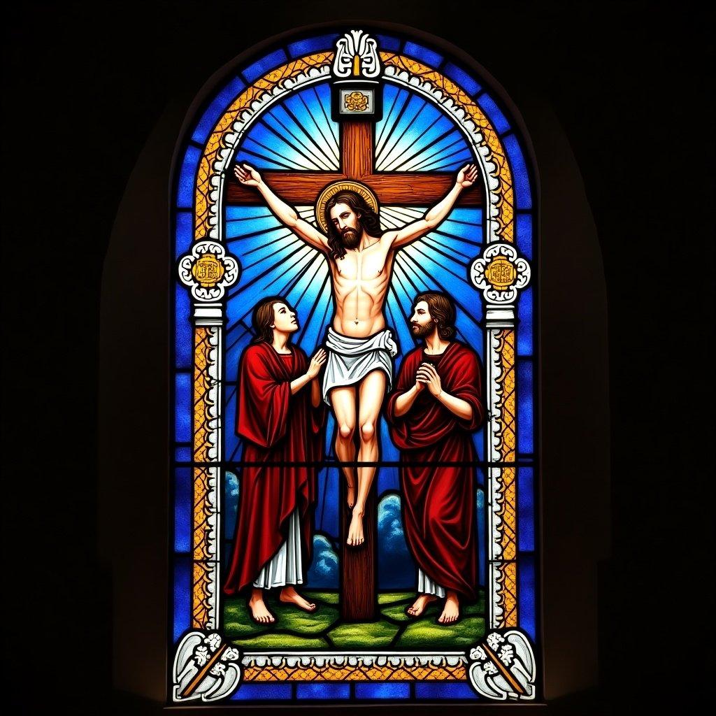 Interior of a church with stained glass window focused on a crucifixion scene. Natural light illuminating the pews and floor.