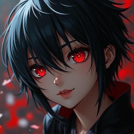 Closeup shot of a Shinigami character featuring dark hair and red eyes with a captivating expression.
