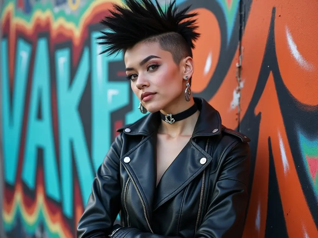 The image features a young woman with a striking and edgy style, showcasing a spiked mohawk hairstyle that defines her look. She wears a black leather jacket, embodying a fierce and rebellious attitude. Standing confidently against a vibrant graffiti-covered wall, the contrast between her monochrome outfit and the colorful background highlights her bold personality. The graffiti adds a lively urban backdrop, enhancing the overall vibe of creativity and nonconformity. This image perfectly encapsulates modern youth culture and urban fashion trends.