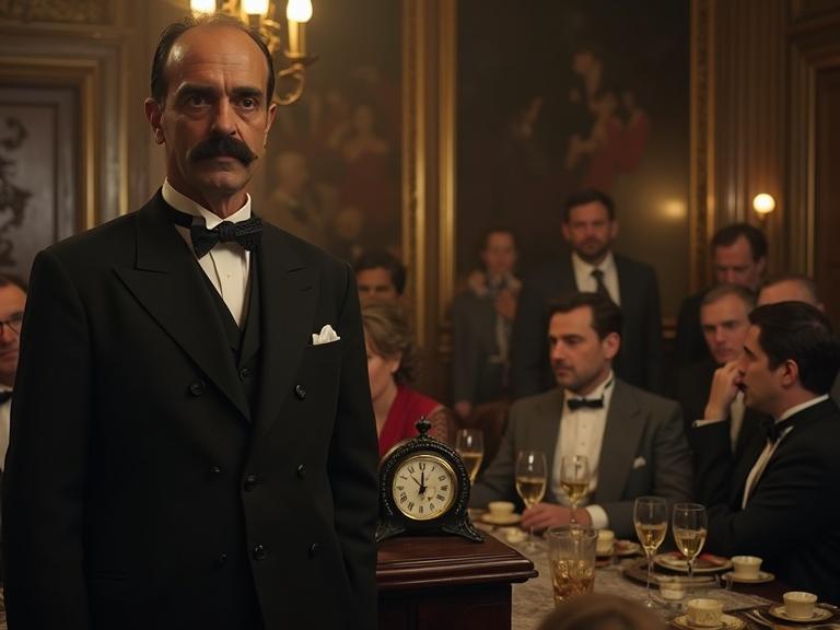 An elegant 1920s English drawing room filled with refined guests in vintage attire. Tense atmosphere with Hercule Poirot observing suspects closely. Clock ticking ominously on mantel. Sense of mystery and concealed motives.