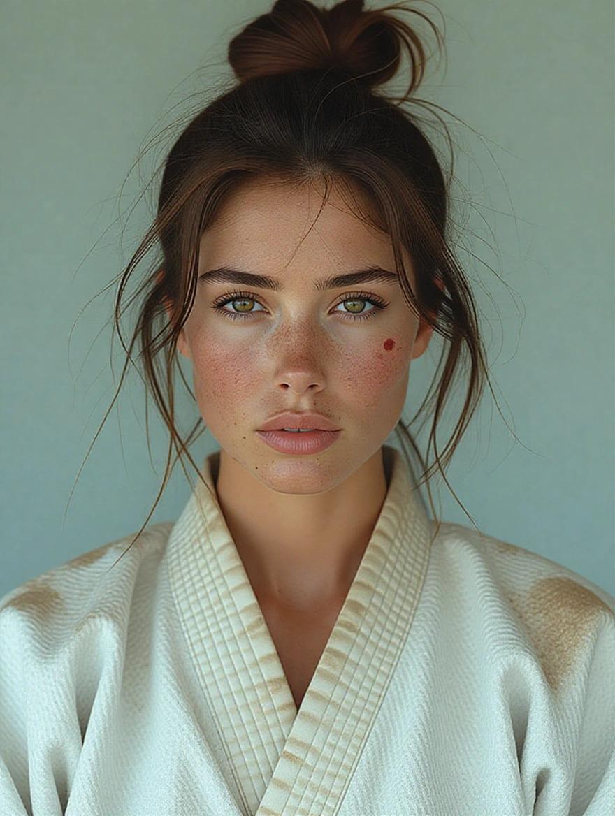 Realistic portrait of a woman in a worn karate gi with smudges on her face and untidy hair. Strong expressions and athletic build. Highlights imperfections and natural beauty. Full body visible from head to toe.