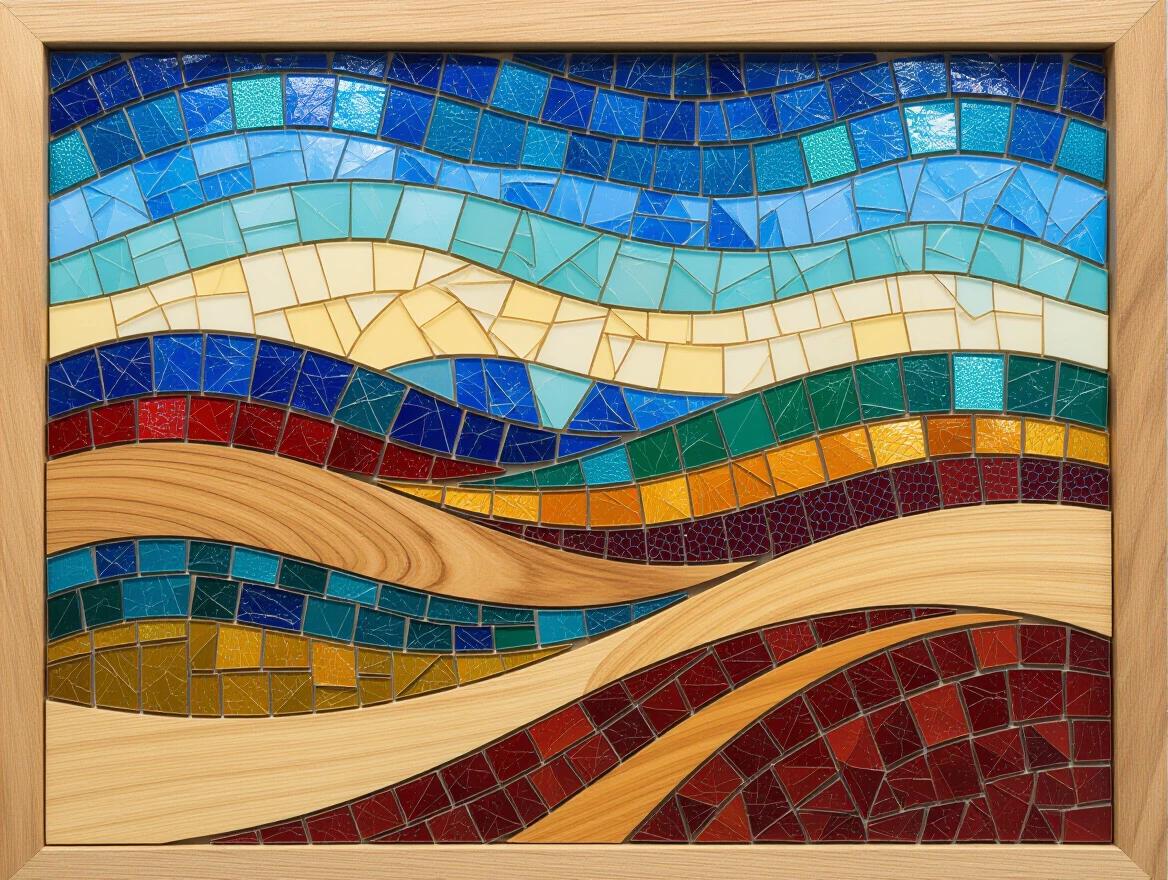 Intricate landscape created with wood carving and iridescent ceramic tiles. Abstract representation with ethereal waves and colors. Mixed media encaustic elements.