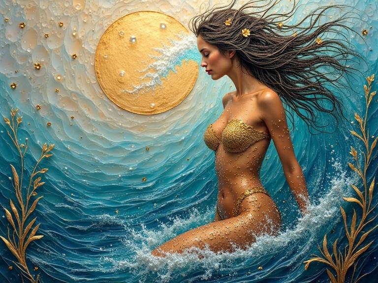 Alcohol ink glass 3D tropical nude woman with a rolling sea. Radiant, breathtaking iridescent, intricate, delicate gold detailing with pearls, 3D. Mysterious, ethereal intertwining. Fantastical, dreamy, enchanting. Sparkling light.