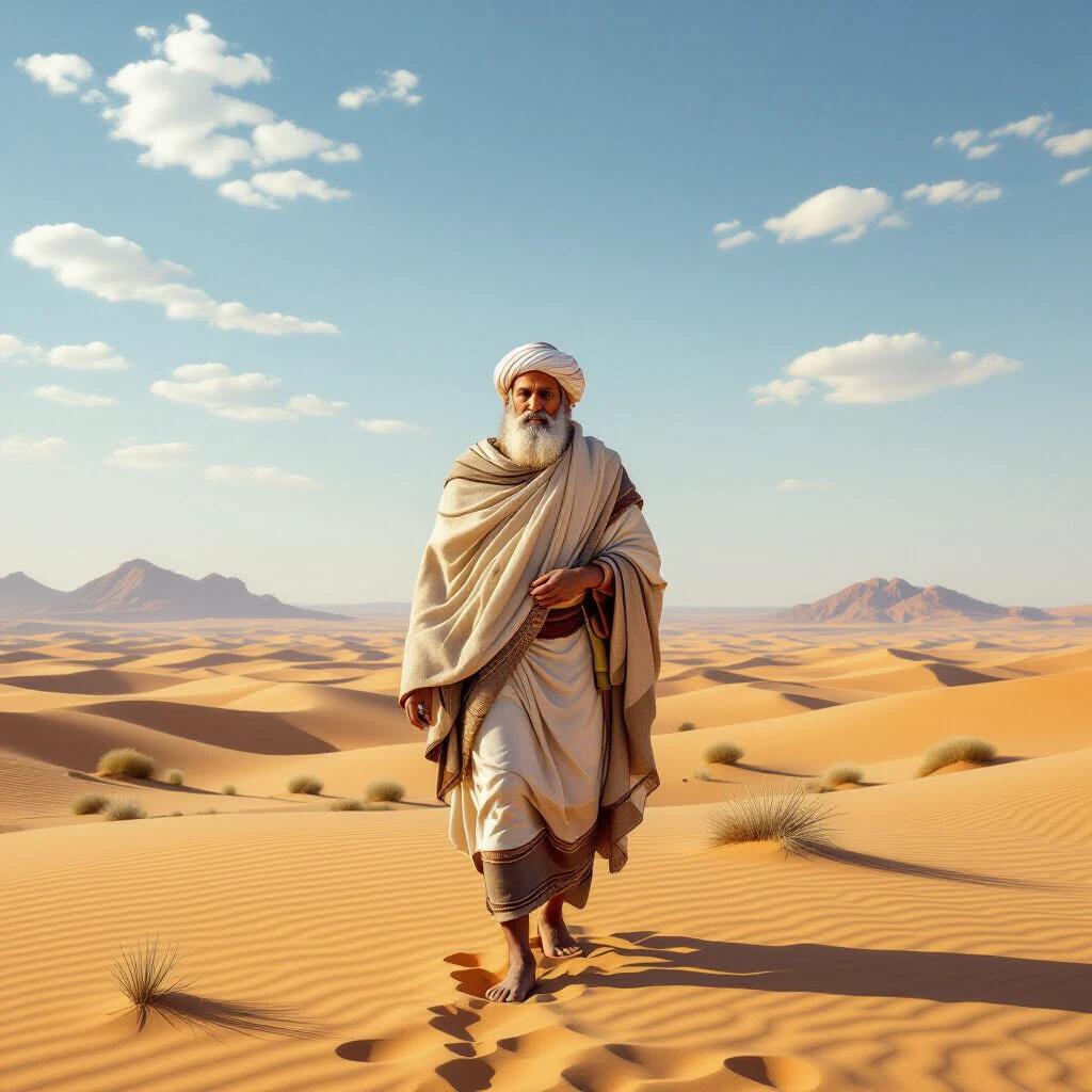 A man resembling Abraham walks in the desert. He is dressed in traditional flowing robes and a turban. The scene captures a vast desert with sand dunes and a bright blue sky. Natural daylight illuminates the landscape.