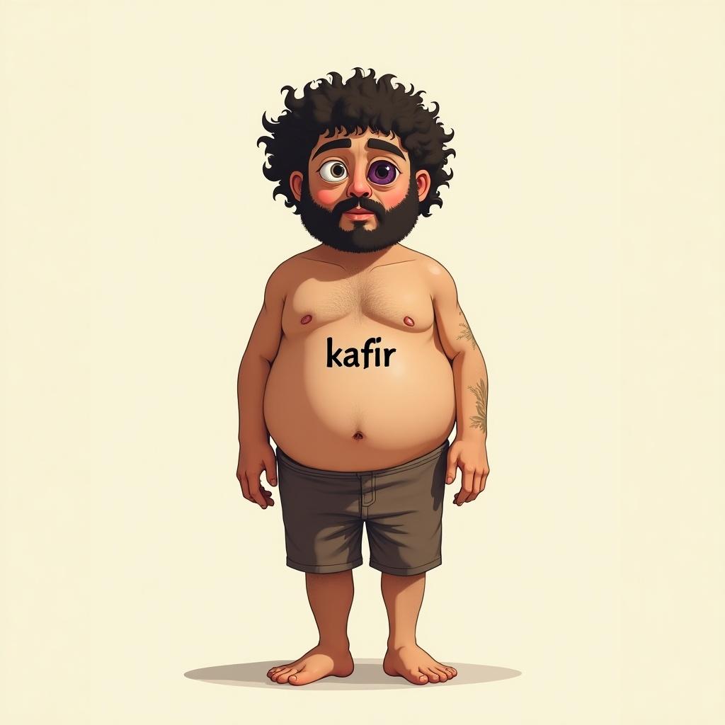 This image features a cartoon character who is short and has a large body and head. He has distinctive facial features, including a notable beard and big eyes. The character stands with hands at his sides, displaying a playful demeanor. On his belly, the word 'kafir' is prominently marked, creating a humorous contrast to his innocent appearance. The art style is exaggerated and vibrant, making the character engaging and memorable. Light tones dominate the color palette, enhancing the cartoonish aesthetic.