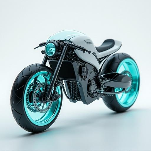 Futuristic motorcycle design featuring glass sphere wheels. High-tech and conceptual style showcased. Focus on innovative structure with sleek lines.