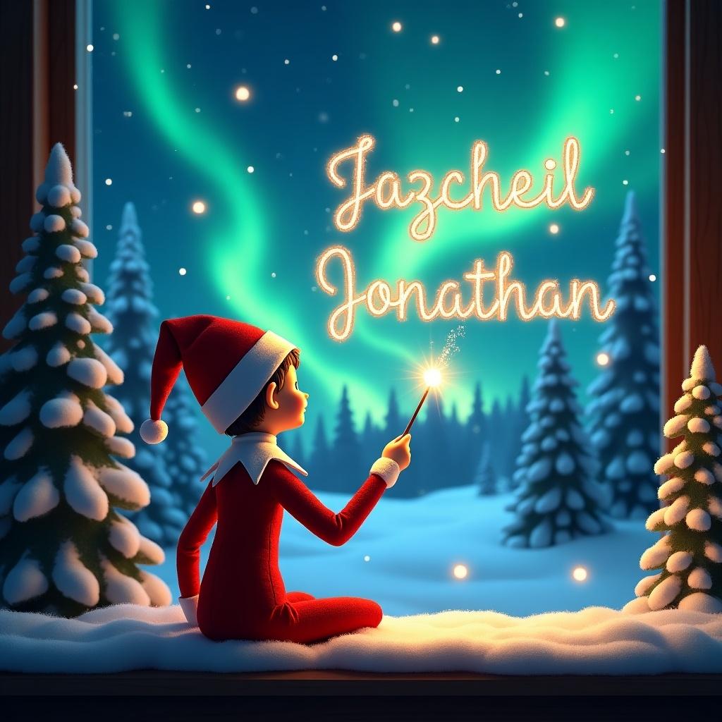 In this enchanting scene, an elf on the shelf sits elegantly with a magical wand in hand. The elf gazes up at the dazzling northern lights illuminating the night sky. With a gentle flick, the elf writes sparkly names, creating a festive ambiance. Snow-covered trees frame the backdrop, enhancing the serene winter landscape. The whimsical charm encapsulates the magic of the holiday season, inviting warmth and joy. This illustration captures the essence of Christmas wonder and celebration beautifully.