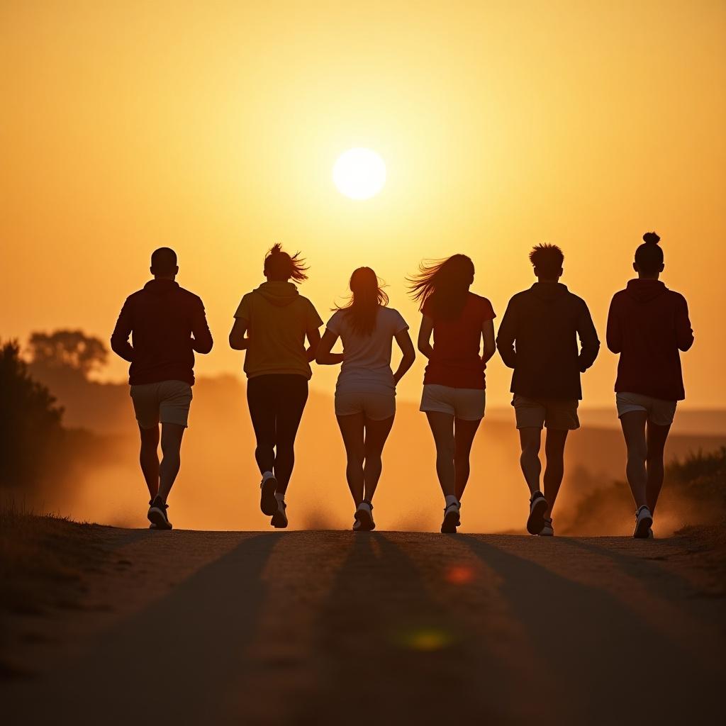 A group of people running towards the camera on a dusty path. The sun is setting in the background creating a scenic view. The people are in silhouette against the sunset.