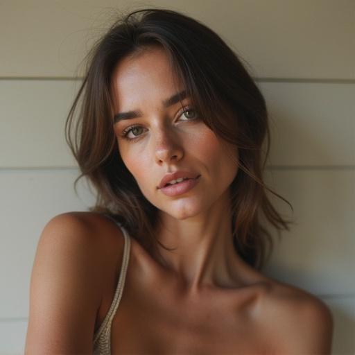 Woman posing for a selfie. Emphasis on beauty and natural look. Natural light and soft tones.