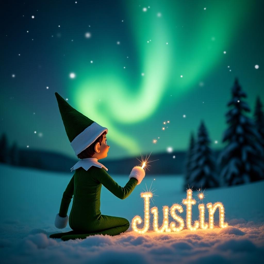 This image showcases an elf on the shelf positioned with its back to the viewer. The elf is dressed in a green outfit and faces up towards a beautiful dark sky filled with vibrant northern lights. With a magic wand in hand, the elf adds a magical touch to the scene. The snowy ground adds a serene feel, enhancing the overall atmosphere of wonder. The elf is elegantly writing the name 'Justin' in sparkling letters against the backdrop, creating a festive mood perfect for Christmas.