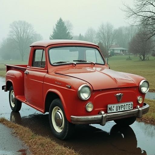 A vintage pickup truck is parked on a foggy road surrounded by trees. The truck is red with a white bumper and has a classic design. The atmosphere is serene and nostalgic.