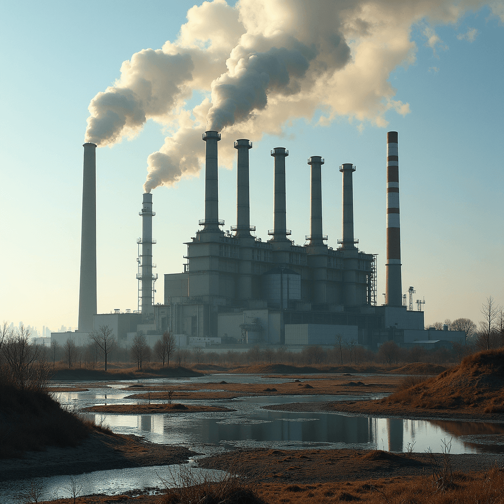 A power plant with smokestacks emitting smoke against a clear sky, reflecting in wetland waters.