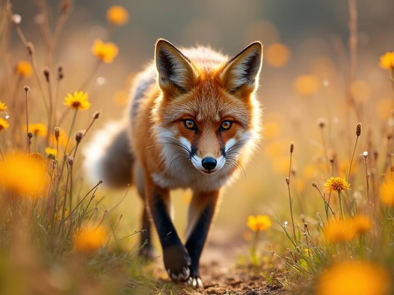 A red fox trots through a meadow filled with summer flowers. Ears dusted with frost. Pawprints release golden pollen. The background is blurred with wildflowers. The scene captures tranquility and nature's beauty.