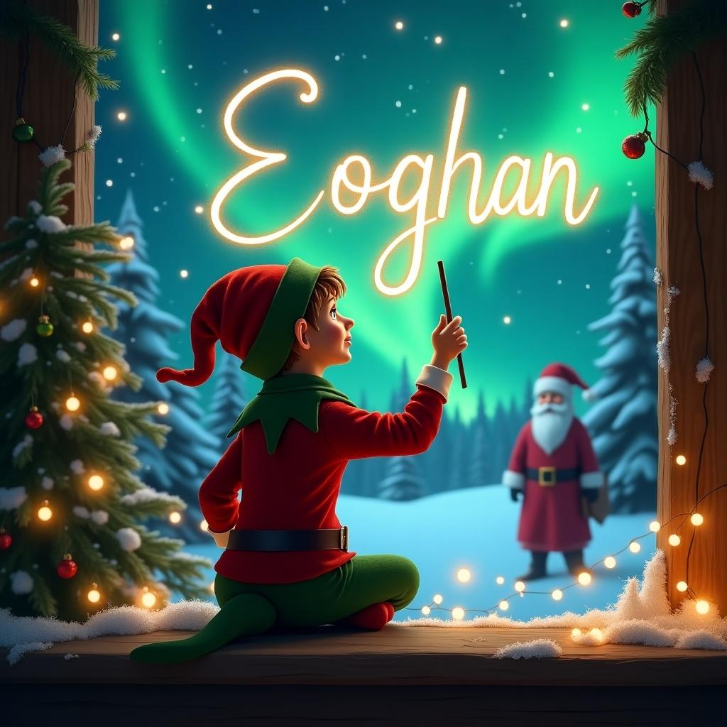 The image depicts an elf on the shelf with his back to the viewer, facing a beautiful sky. He is using a wand to magically write the name 'Eoghan' in glowing letters. In the background, there’s a stunning display of northern lights shimmering in the night sky. Santa Claus can be seen in the distance, adding to the holiday cheer. The setting is filled with festive decorations including trees adorned with lights. This enchanting holiday scene embodies the spirit of Christmas and magic.