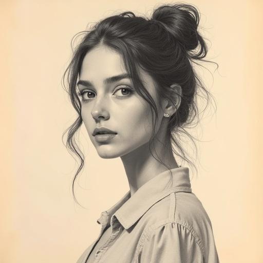 Detailed graphite pencil drawing portrait of a young woman. Hair tied up in messy bun. Wavy strands frame her face. Large expressive eyes looking to the side. Full lips slightly parted. Expert shading on skin and hair. Grayscale on plain textured paper background. Soft lighting from above left. Classic artistic style.