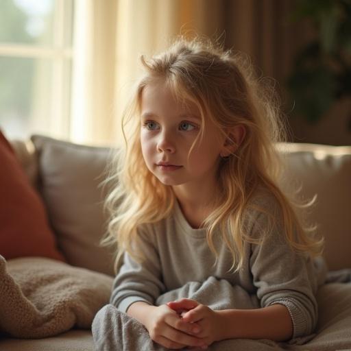A young blonde girl with long hair sits in a cozy living room, sunlight streaming in. She wears a gray sweater and has a thoughtful expression. Soft furnishings surround her, creating a warm atmosphere.