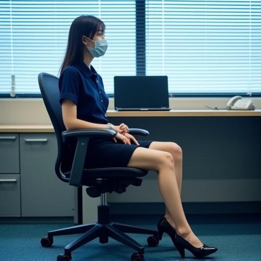 Young Japanese woman sits in an office chair. She wears a navy blue polo shirt and a black skirt. She wears black pumps. Office has a black laptop and a white telephone. Backdrop includes a gray cabinet and blue sky view through blinds. Image shows a realistic photographic style.
