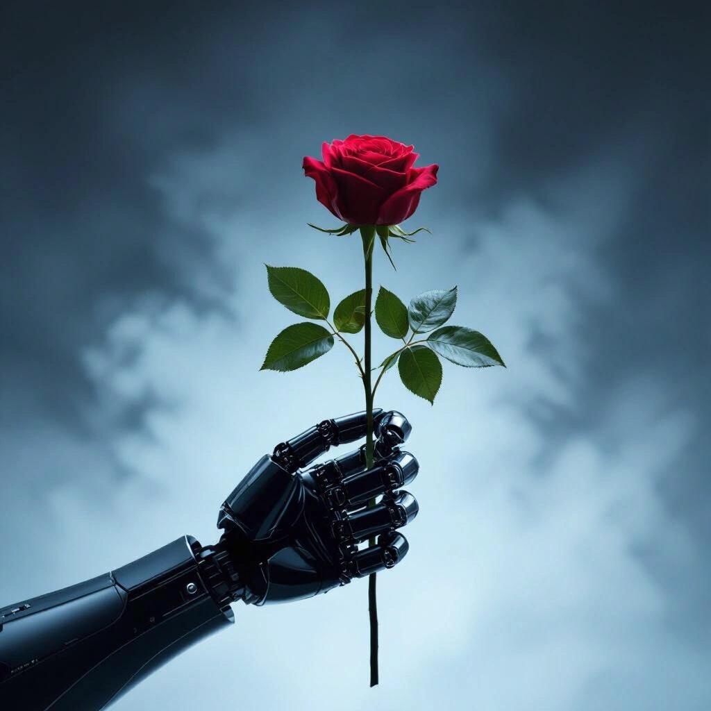 Very dark scene featuring a robot hand holding a vibrant red rose against a cloudy backdrop. A blend of technology and nature is depicted.