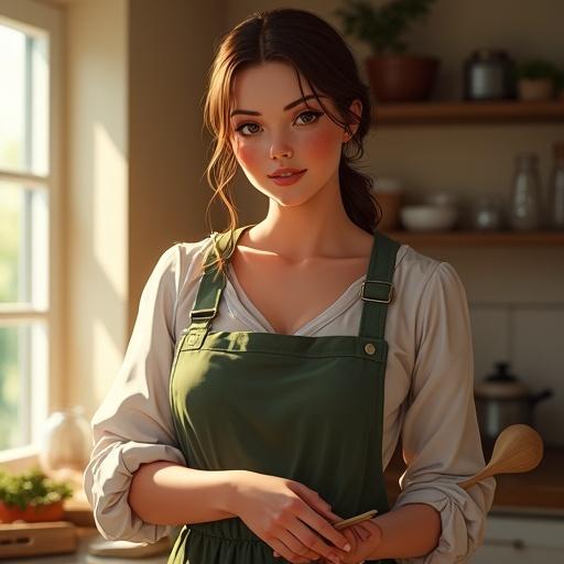 A semi-realistic portrait of an adult woman over 20. She has a curvy figure with a large bust and slender waist. Skin is porcelain-like, fair, smooth, with a natural glow. Chestnut brown hair tied loosely, gentle brown eyes with quiet strength. Wearing a fitted apron over a modest long-sleeve dress that highlights her feminine silhouette. Standing in a warmly lit kitchen, holding a wooden spoon, calm smile. Sunlight streams through window, soft shadows across her face and body. Cinematic lighting, ultra-detailed textures, serene expression, natural tones.