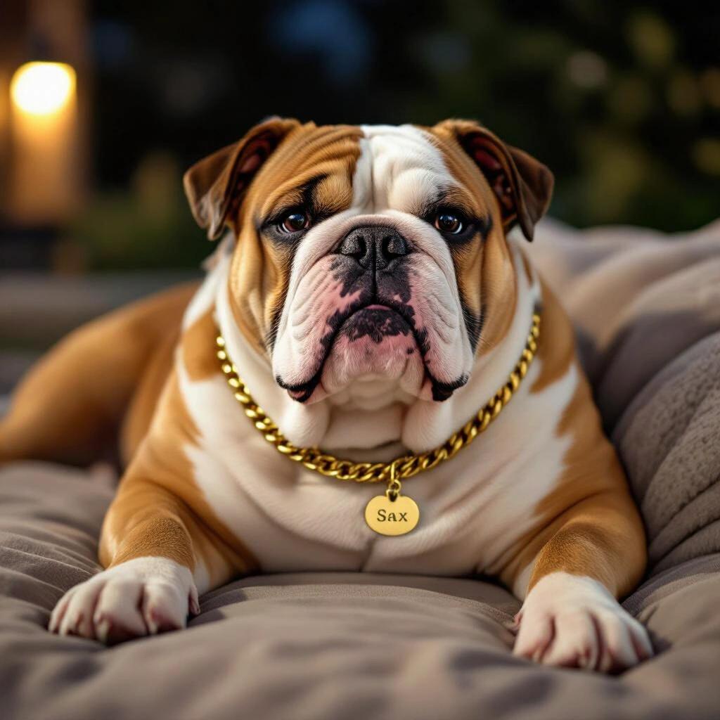 Fat English bulldog relaxing outside at night wearing a gold chain with a name tag that says 'SAX'.