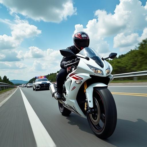A high-speed scene on a highway. ZX14R motorcycle in white with red accents. Police cars in the background. Clear sunny day with clouds in the sky.