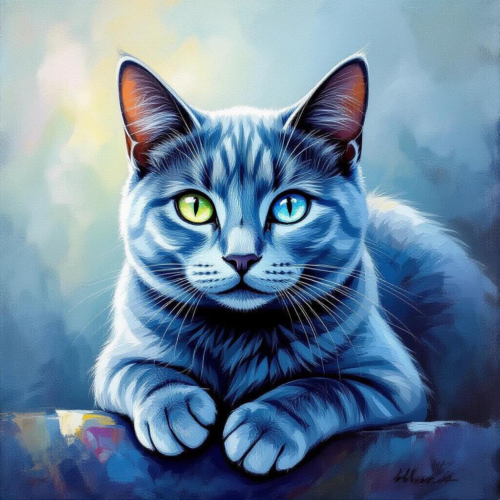 A close-up portrait of a blue cat with striking features. The cat has bright blue and green eyes. The image is colorful and artistically rendered. The cat is positioned in a relaxed pose with its front paws in view.