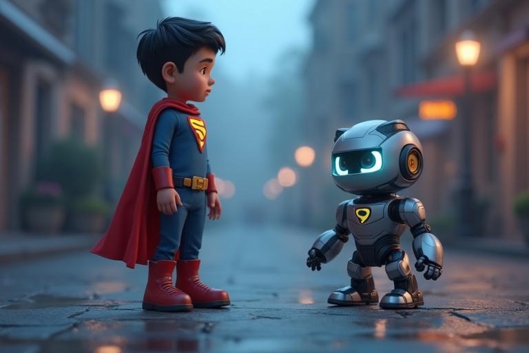 A dramatic 4K ultra-HD 3D animated scene. Sparky has a red cape and blue suit. He stands alone showing sadness. The scene uses muted daylight colors. Background shows a boy with a futuristic robotic drone that has glowing eyes.