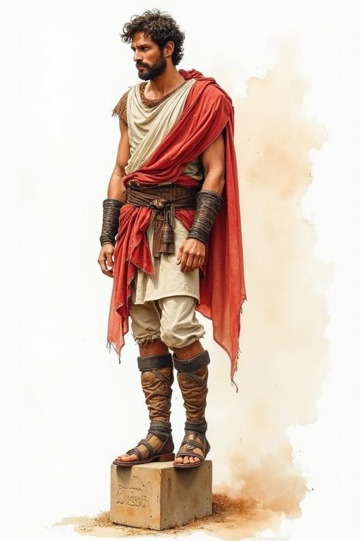 Watercolor painting depicting an ancient Roman adventurer with dirty clothes. The adventurer wears 5-inch high heeled platform heels. Position is standing on a stone base.