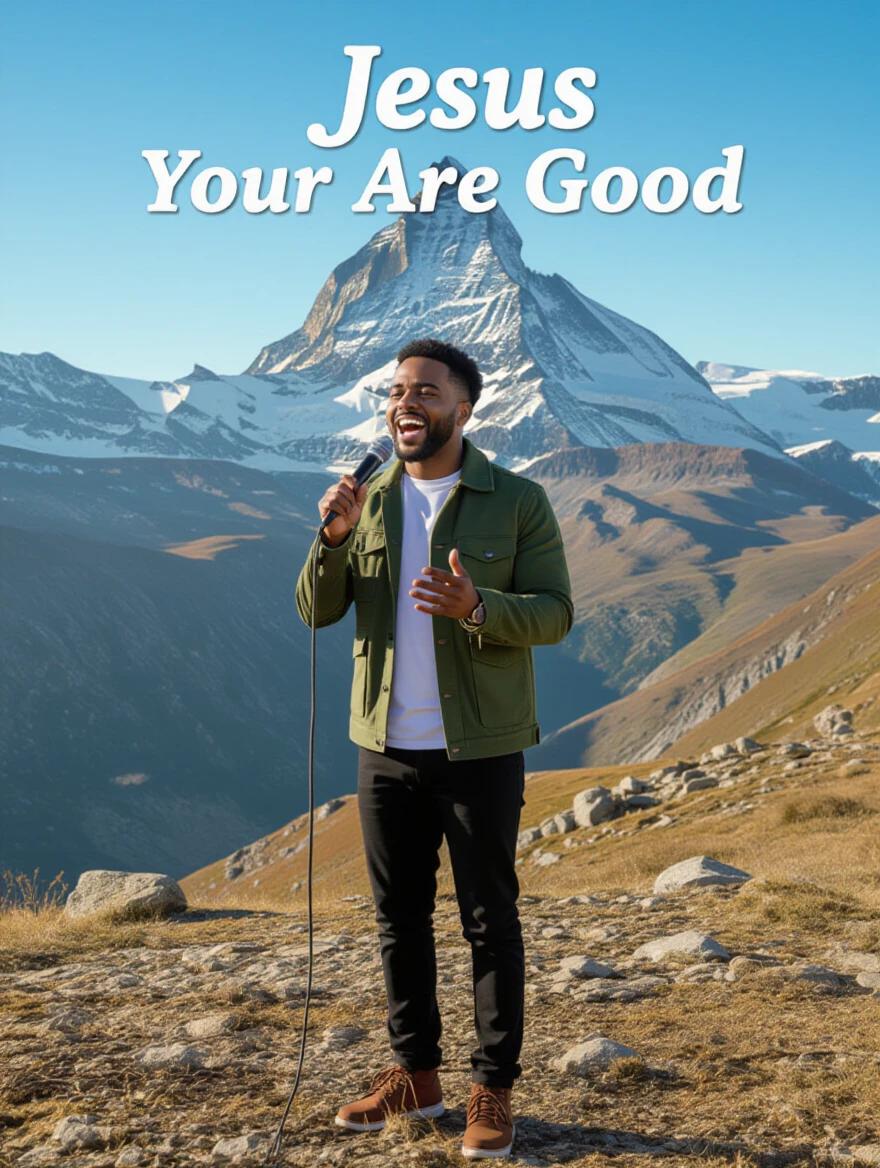 A gospel singer performs in the mountains. The song is Jesus Your Are Good. The singer is smiling and holding a microphone.