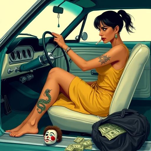 Illustration of a confident woman in a yellow dress and ponytail, driving a classic muscle car. She holds a cigarette, relaxed posture, duffel bag full of money visible. There is a clown mask on the floor and she has a tattoo of a cobra on her leg. Fuzzy dice dangle from the rearview mirror.