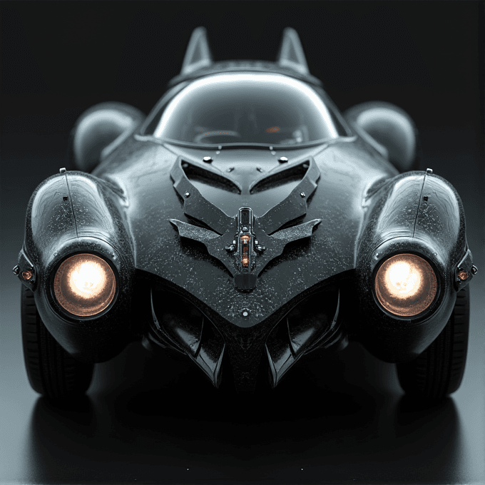 A sleek, black, futuristic car with a bat-like design and glowing headlights, parked in a mysterious ambiance.