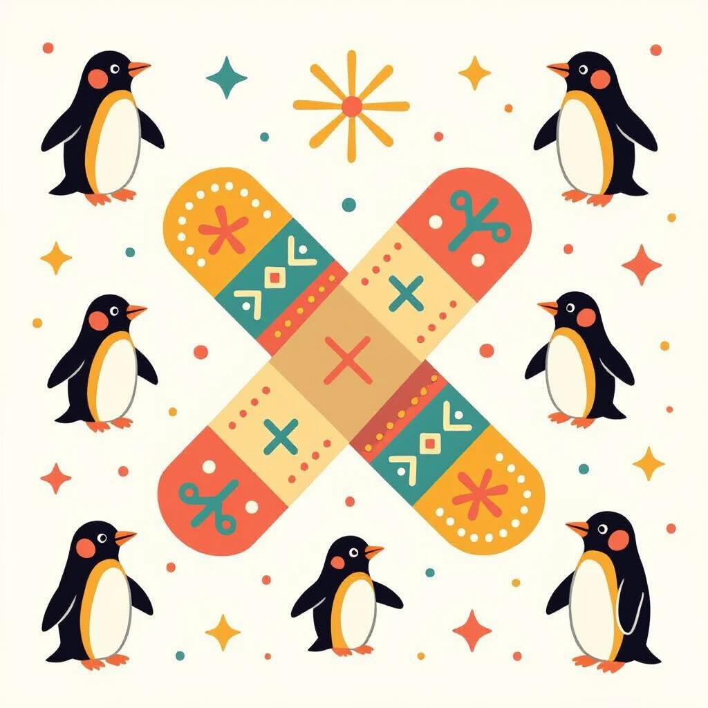 Whimsical illustration includes colorful bandages with abstract symbols. Tiny penguins surround bandages. Geometric shapes adorn a cream background.