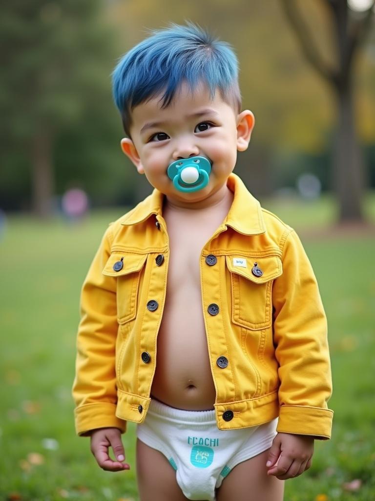 Boy with blue hair and emerald eyes. Wearing yellow denim jacket and diaper. Smiling with pacifier. Standing at park.