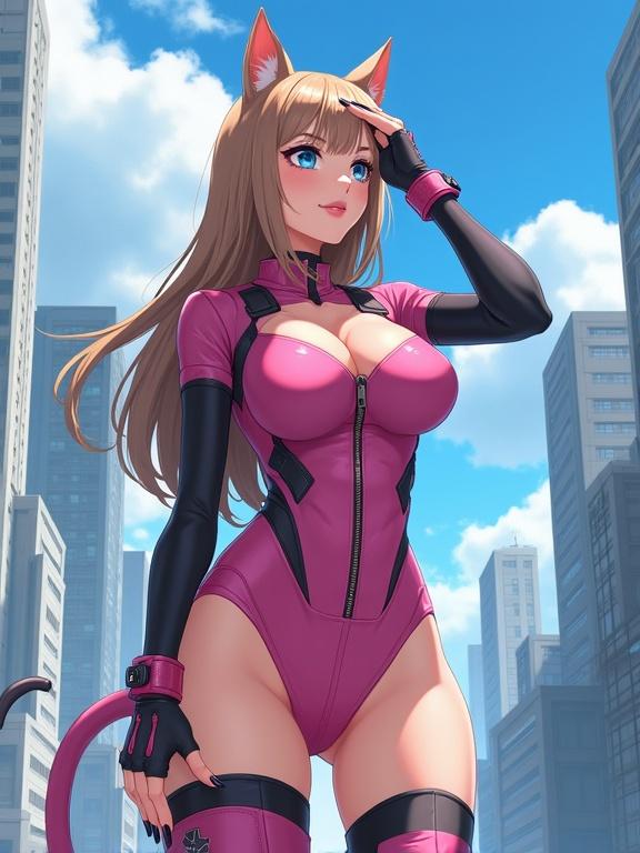 Mature woman with long light brown hair features cat ears and tail. Blue eyes and perky breast. Wearing dark pink body suit with a zipper down. Equipped with fingerless gloves and black sleeves. Looking at blue sky with hand on forehead. Detailed techno city as background.